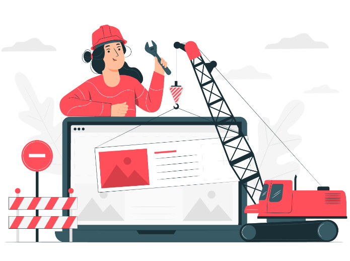 Image d'un ordinateur avec une grue de chantier et un opérateur qui fait la maintenance